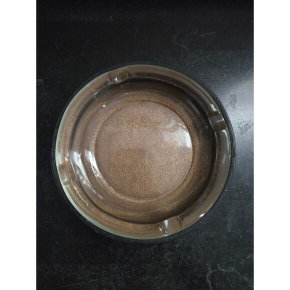 Vintage 6.25" Glass & Black Leather Wrapped Ashtray Gold Stripe Mid Century - Picture 5 of 6